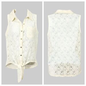 NEW Vintage 90s Y2K Monteau Sheer Lace Button Down Tie Front Sleeveless Top Sz M